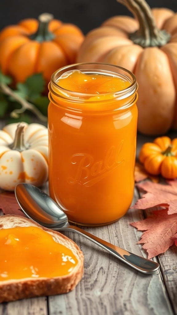 A jar of pumpkin jelly with fresh pumpkins and autumn leaves on a wooden table.